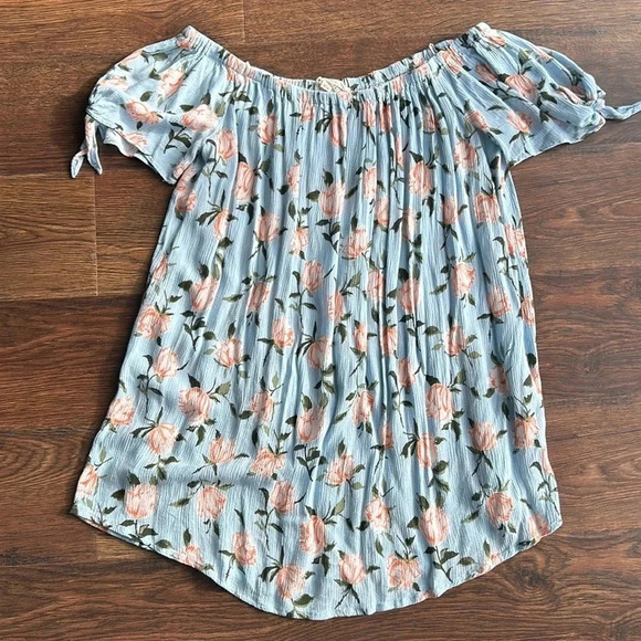 Blue & Pink Floral Print Off the Shoulder Shirt | Off the Shoulder | Flowers - Picture 1 of 5